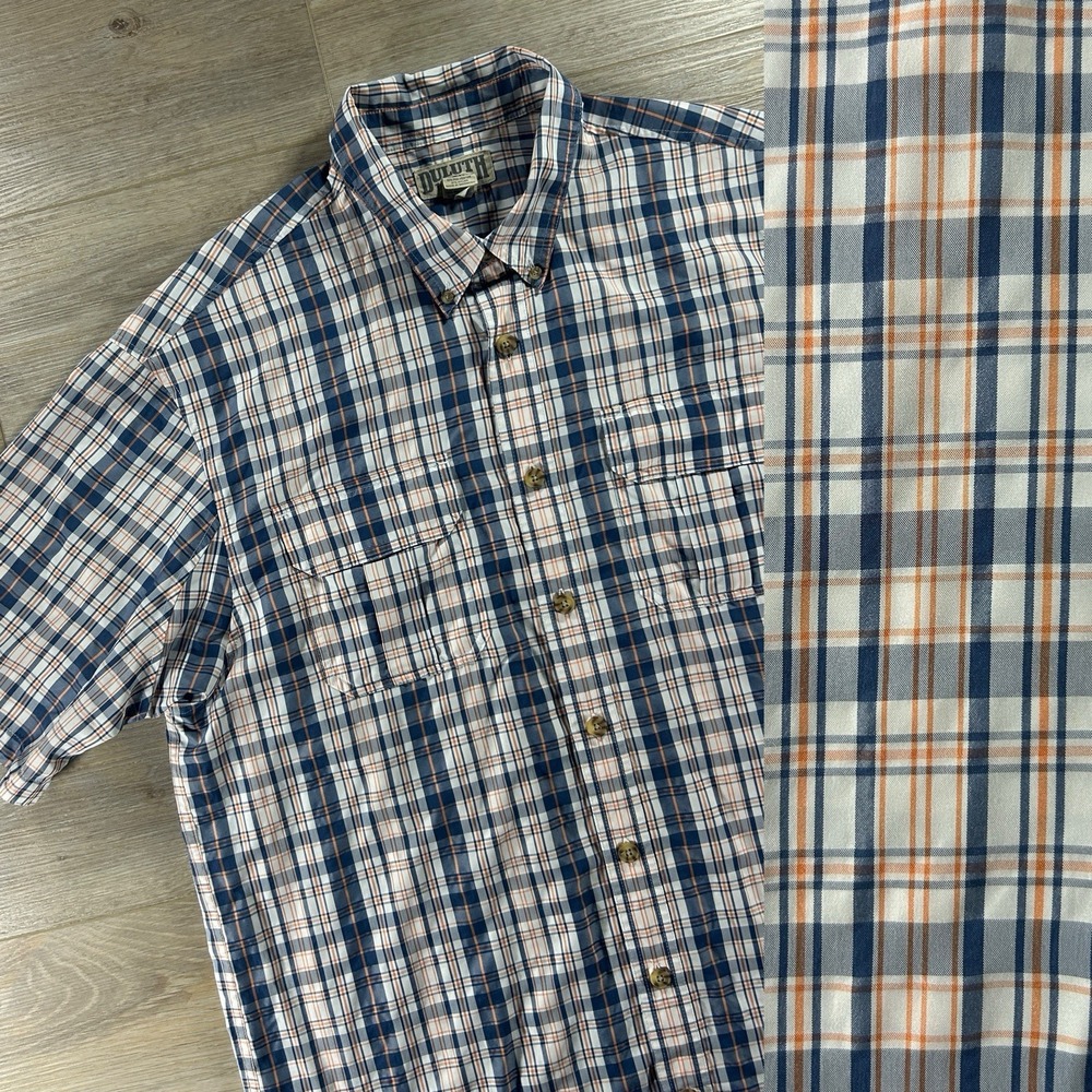 Duluth‎ Trading Shirt Mens XL Tall Orange Blue Plaid Short Sleeve Button Down